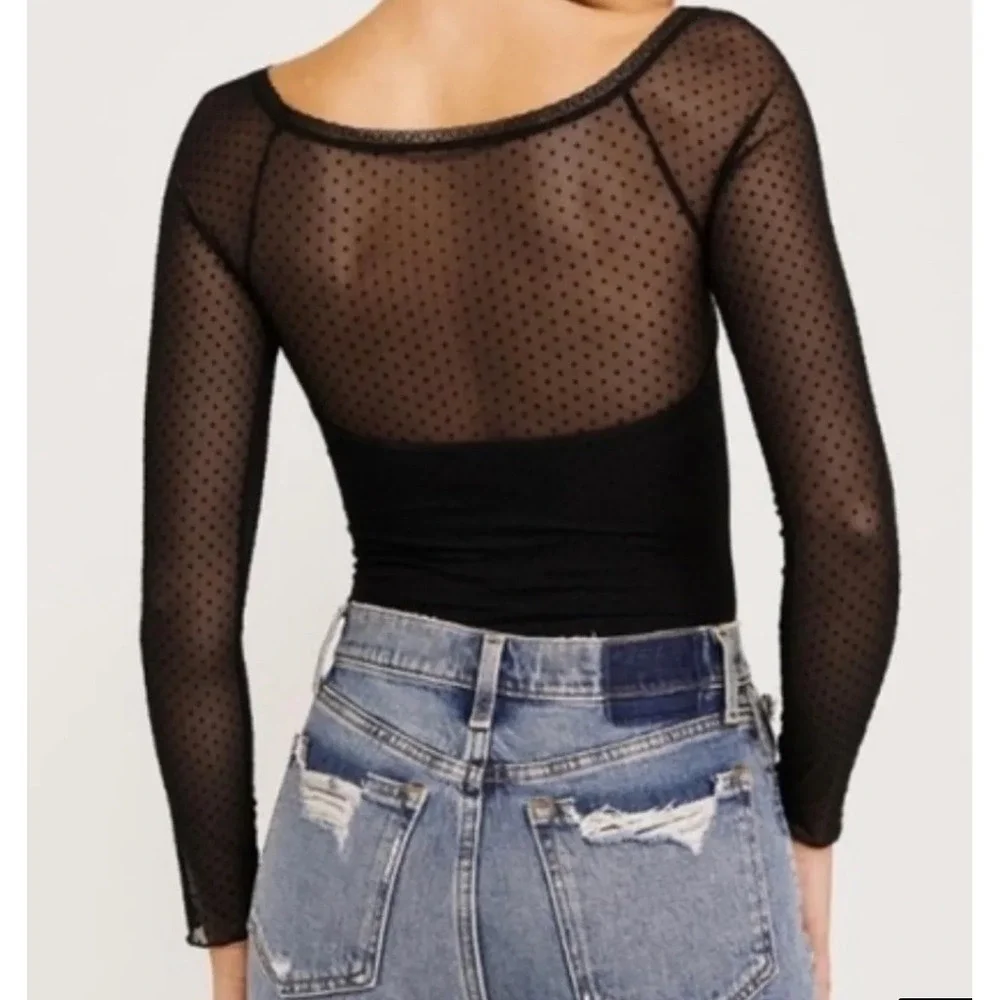 Abercrombie &‎ Fitch Bodysuit XS Black Long Sleeve Mesh Polka Dot Lace  Trim